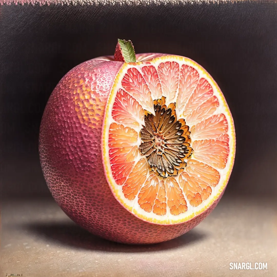Blood orange cut in half on a table top with a brown background and a green leaf on top