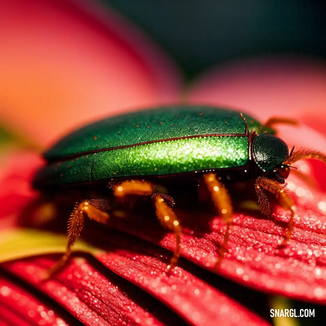 Green bug on top of a pink flower petals with drops of water on it's petals