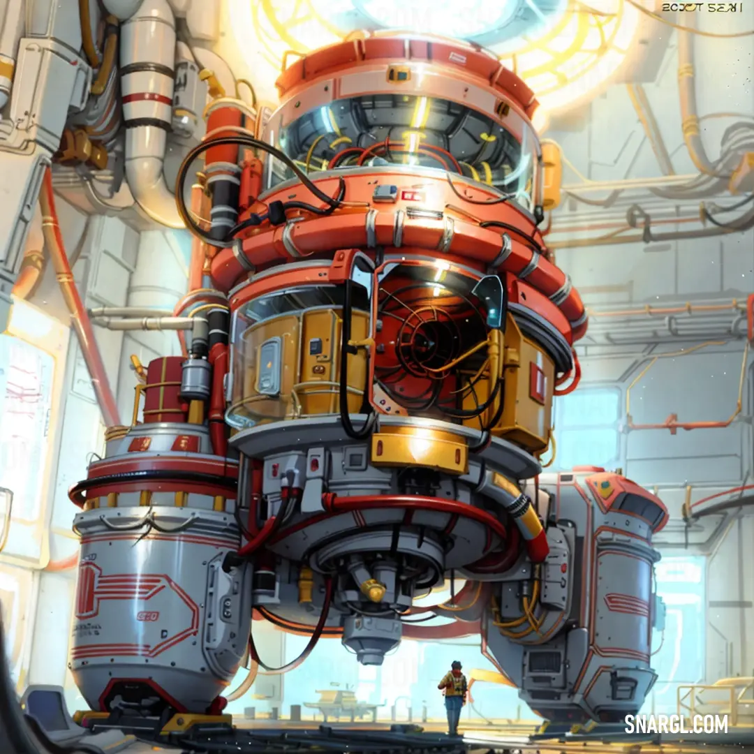 Large machine with a lot of wires and a man standing in front of it in a room with pipes. Color Pastel red.