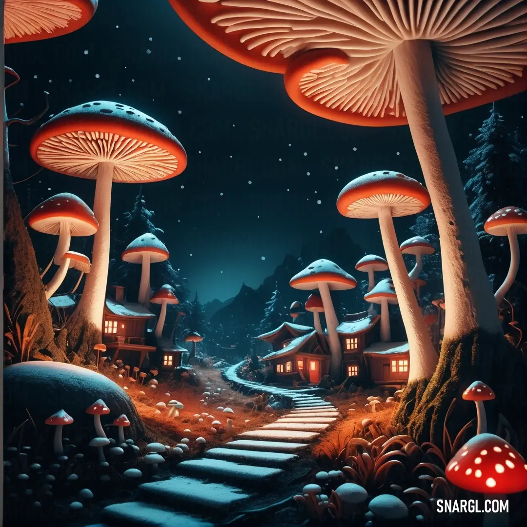 Painting of a pathway leading to a forest with mushrooms on it at night time with stars and moon. Color #FF6961.