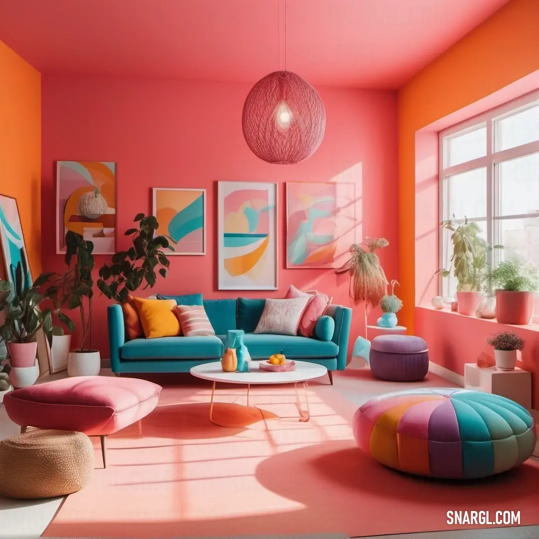 Living room with a couch, chair, ottoman and potted plant in it and a pink wall. Color RGB 255,105,97.