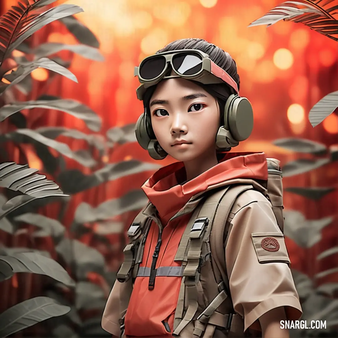 Woman wearing headphones and a helmet in a jungle setting with a red background. Example of RGB 255,105,97 color.