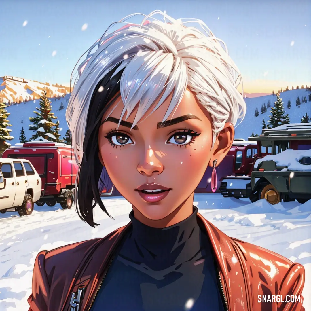 Pastel red color example: Woman with white hair and a brown jacket in the snow with a truck in the background