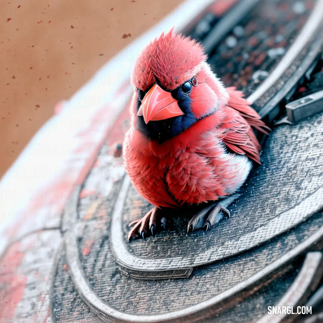 Red bird on top of a metal object with a red beak and blue eyes and a black nose