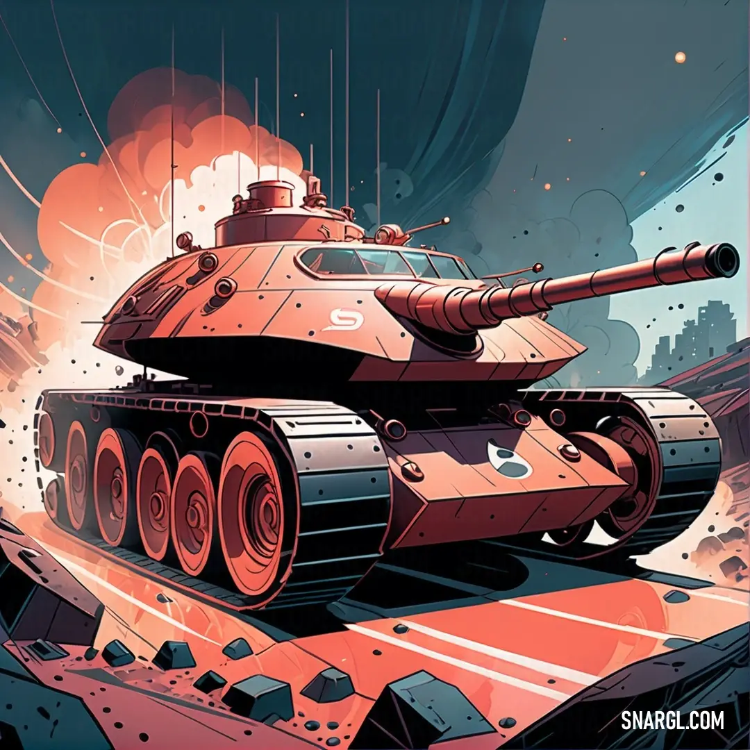 Tank is driving through a desert with a sky background. Example of CMYK 0,59,62,0 color.