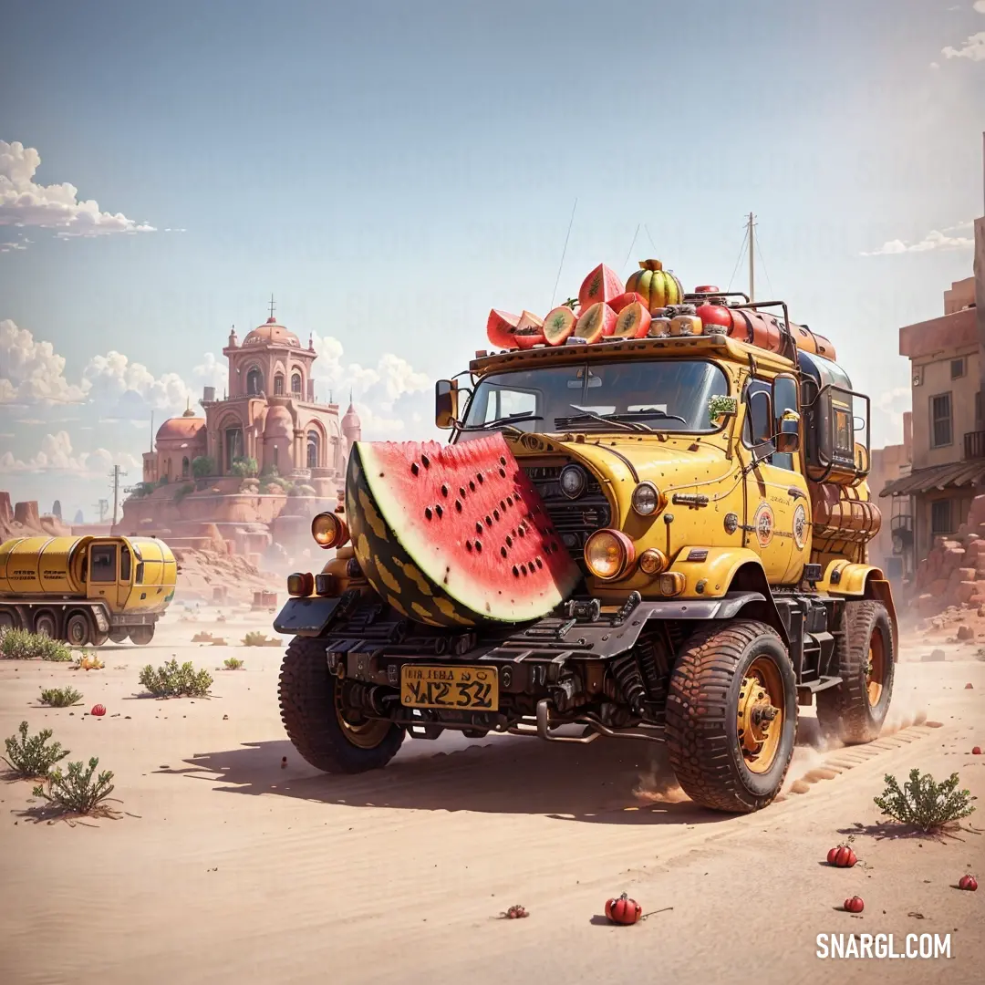 Yellow truck with a watermelon slice on the back of it's bed in the desert