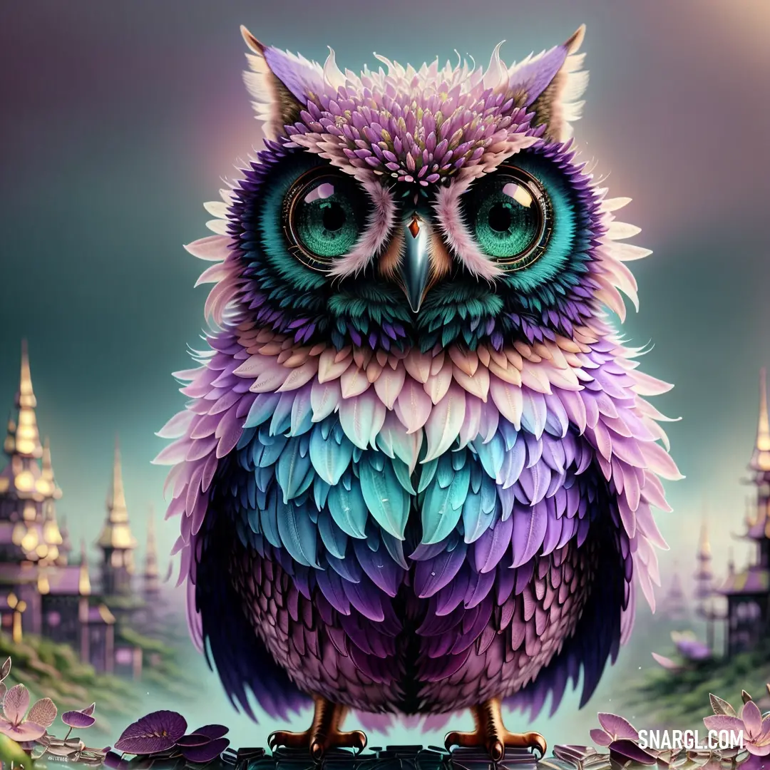Colorful owl on a branch with a castle in the background and a sky background with clouds and flowers