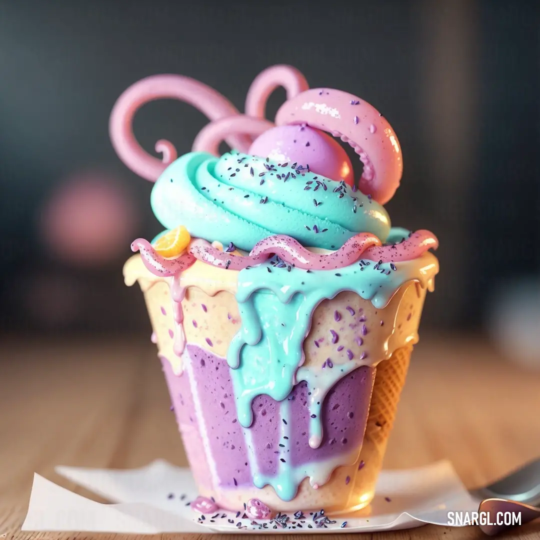 Cupcake with blue, pink and purple icing and sprinkles on top of it. Example of #CB99C9 color.