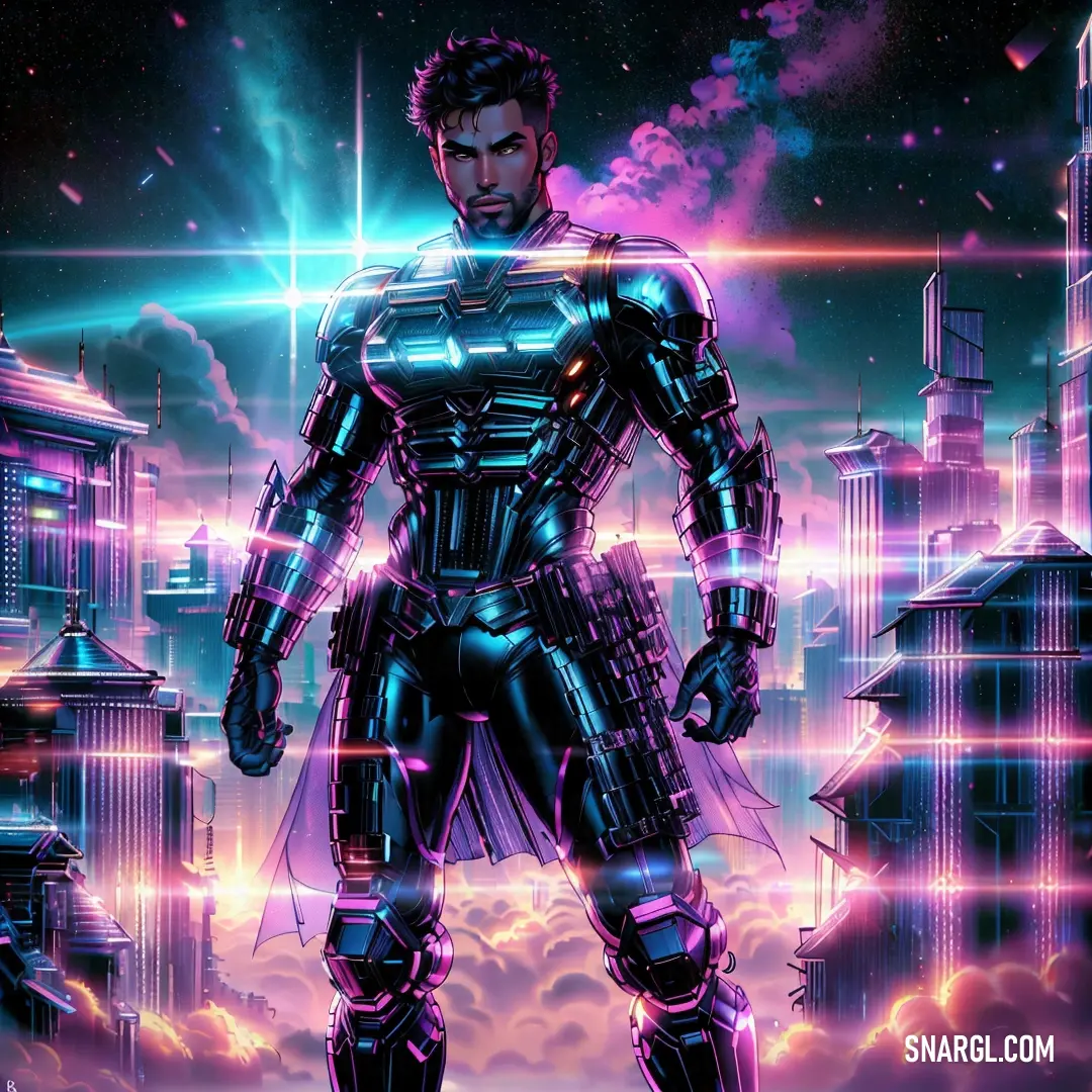 Man in a futuristic suit standing in front of a city skyline with neon lights