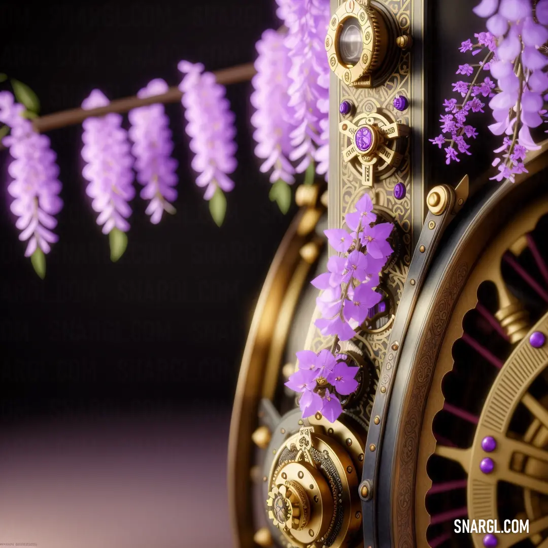 Clock with purple flowers on it and a string of purple flowers on the clock face of it. Example of Pastel violet color.