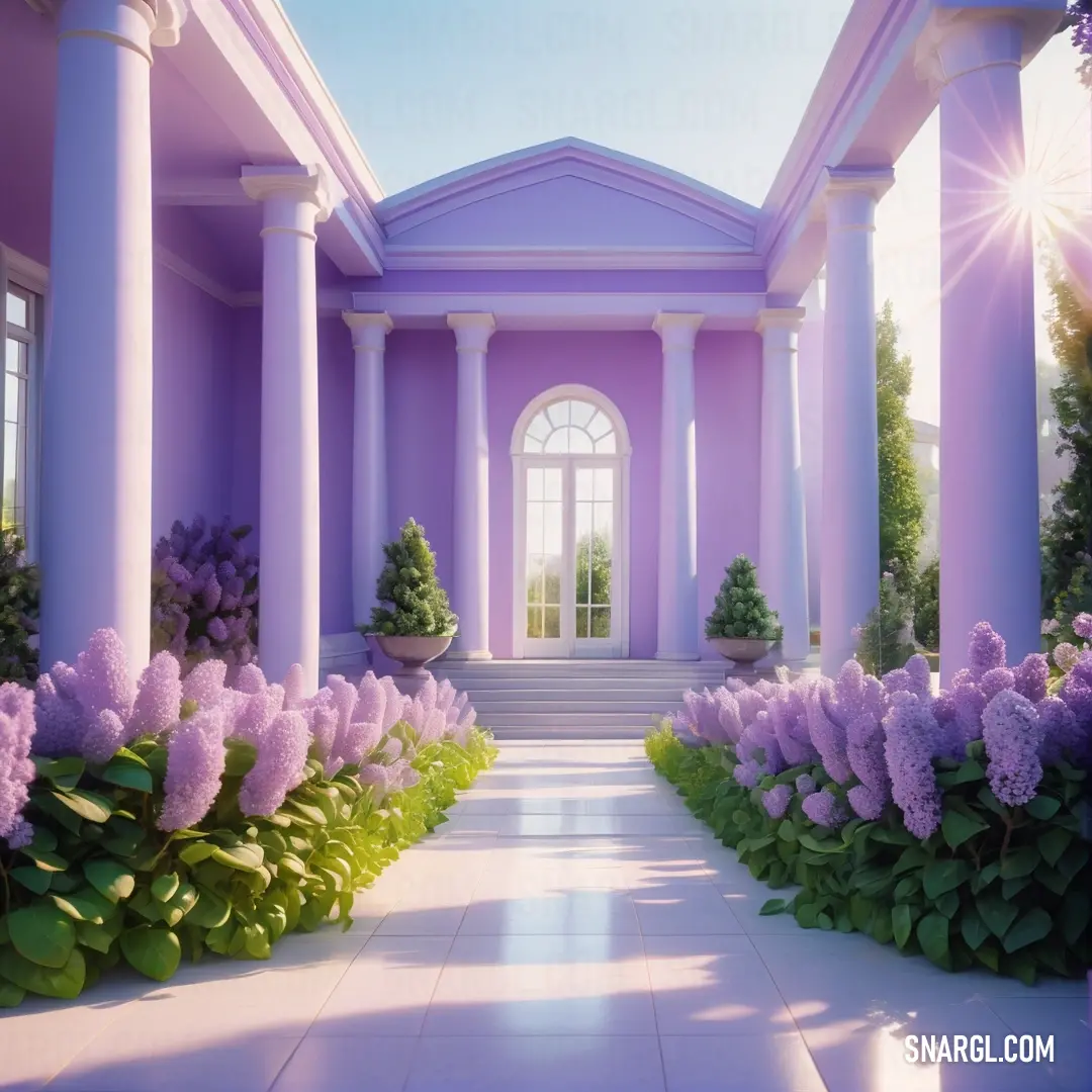 Purple house with a lot of flowers in front of it. Color CMYK 0,25,1,20.