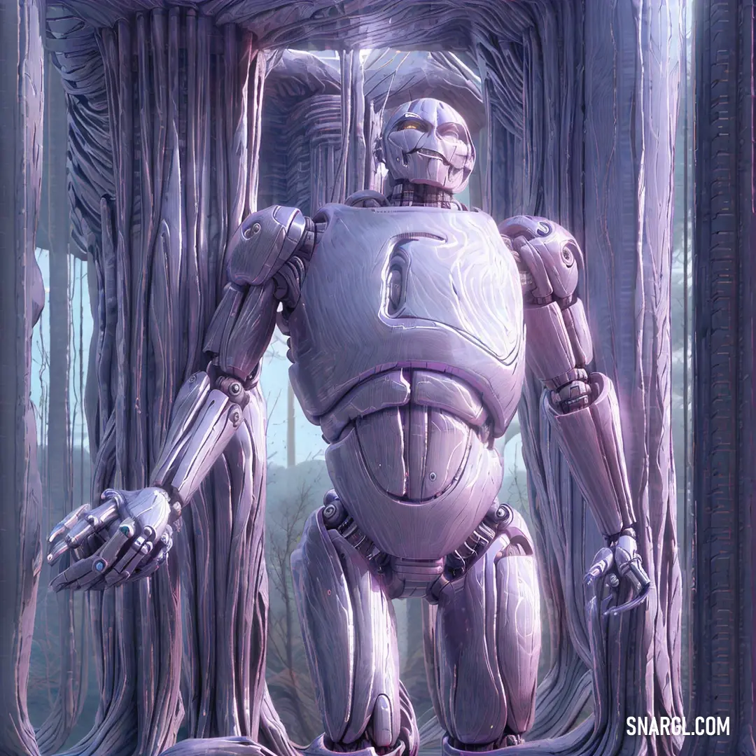Robot standing in a doorway with its arms outstretched and legs crossed