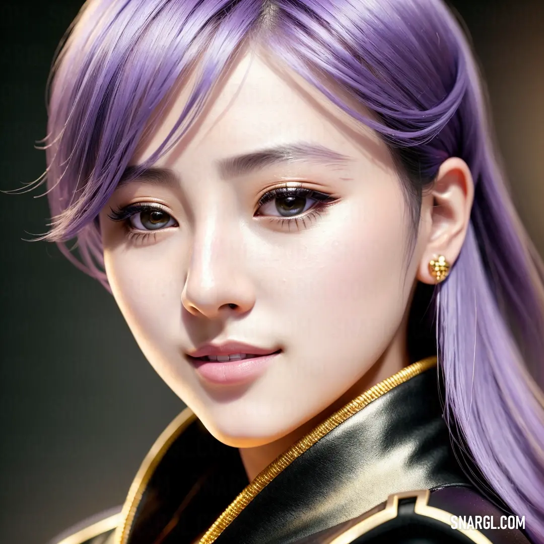 Woman with purple hair and a black jacket with gold trimmings