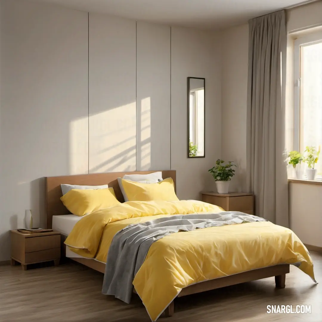 Pastel yellow color example: Bedroom with a bed, nightstand