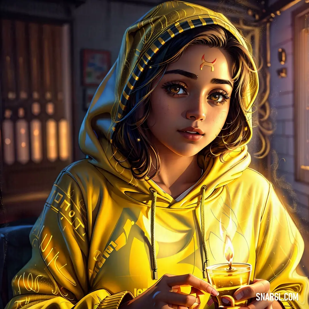 Girl in a yellow hoodie holding a lit candle in her hands and looking at the camera