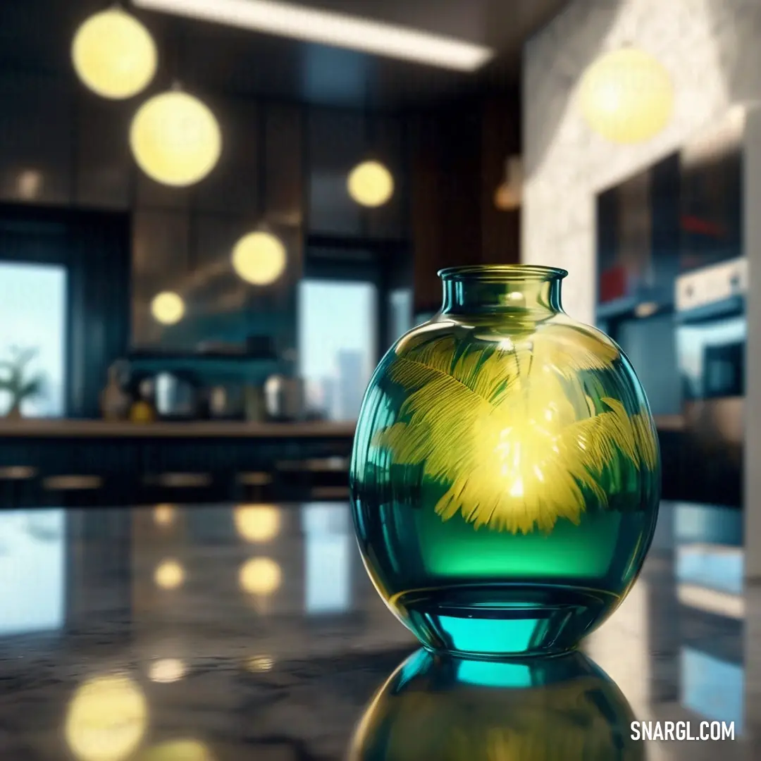 Green vase with a yellow flower on it on a table in a kitchen with lights hanging from the ceiling. Example of #FDFD96 color.