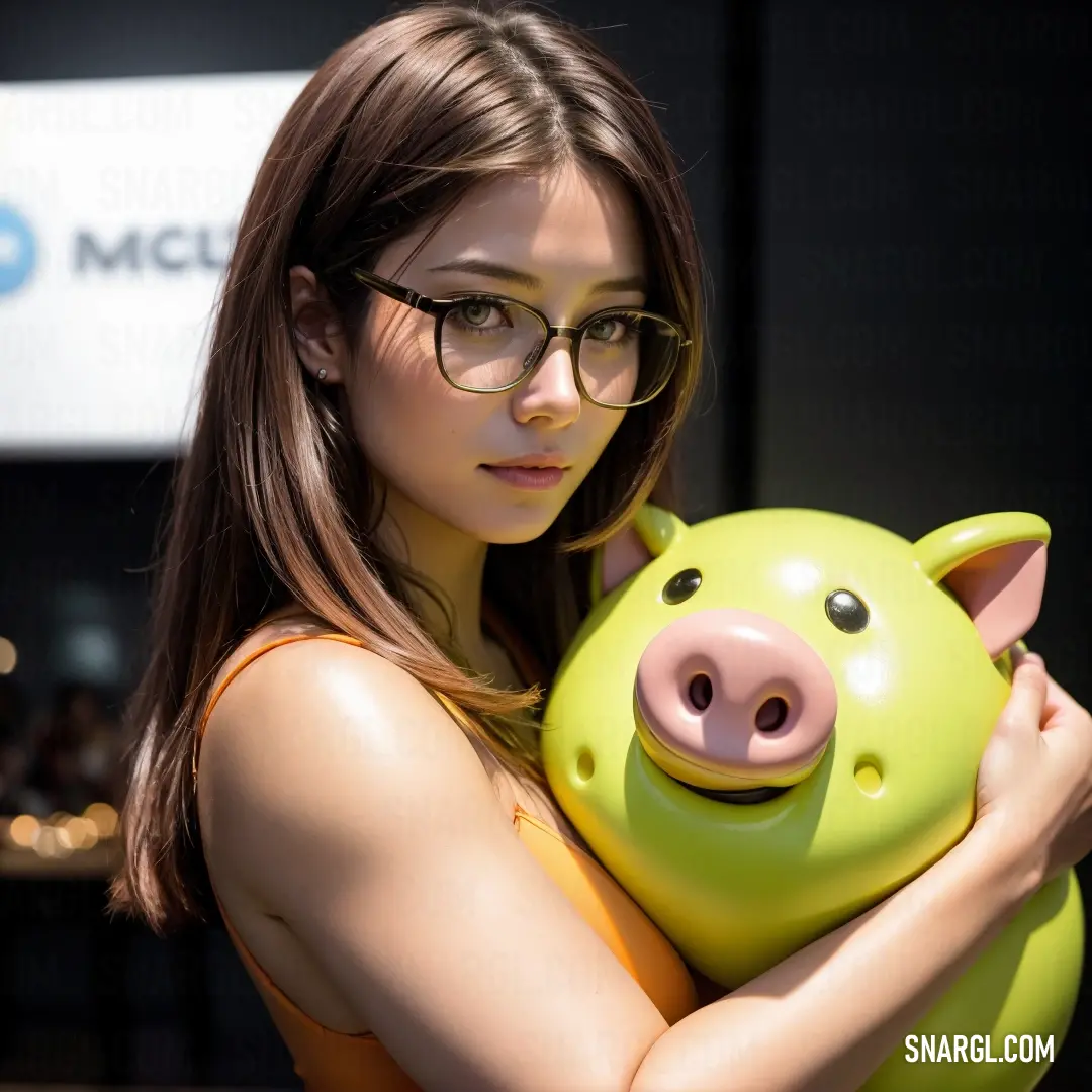 Woman in glasses holding a pig in her arms in front of a sign that says microsoft on it. Example of RGB 253,253,150 color.