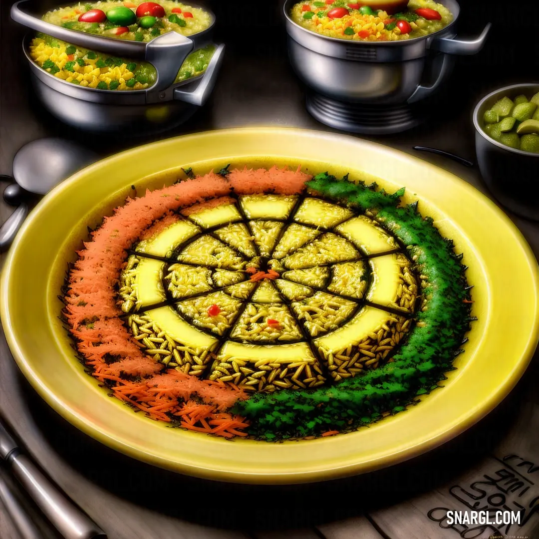 Plate with a colorful design on it and bowls of food in the background with spoons and forks