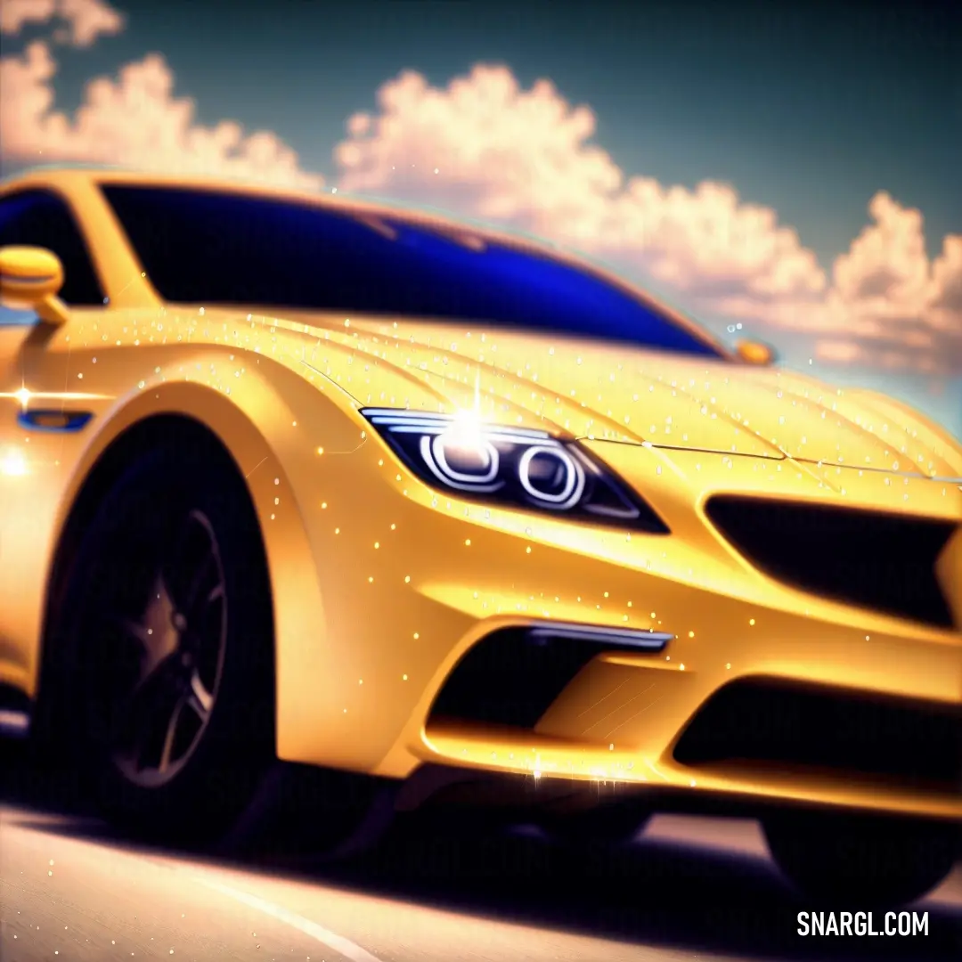 Yellow sports car driving down a road under a cloudy sky with stars on it's hood and headlights