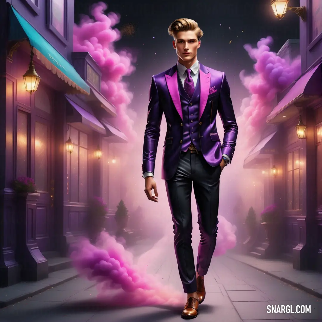 Man in a suit and tie walking down a street with a lot of smoke coming out of his pants. Color RGB 128,0,128.