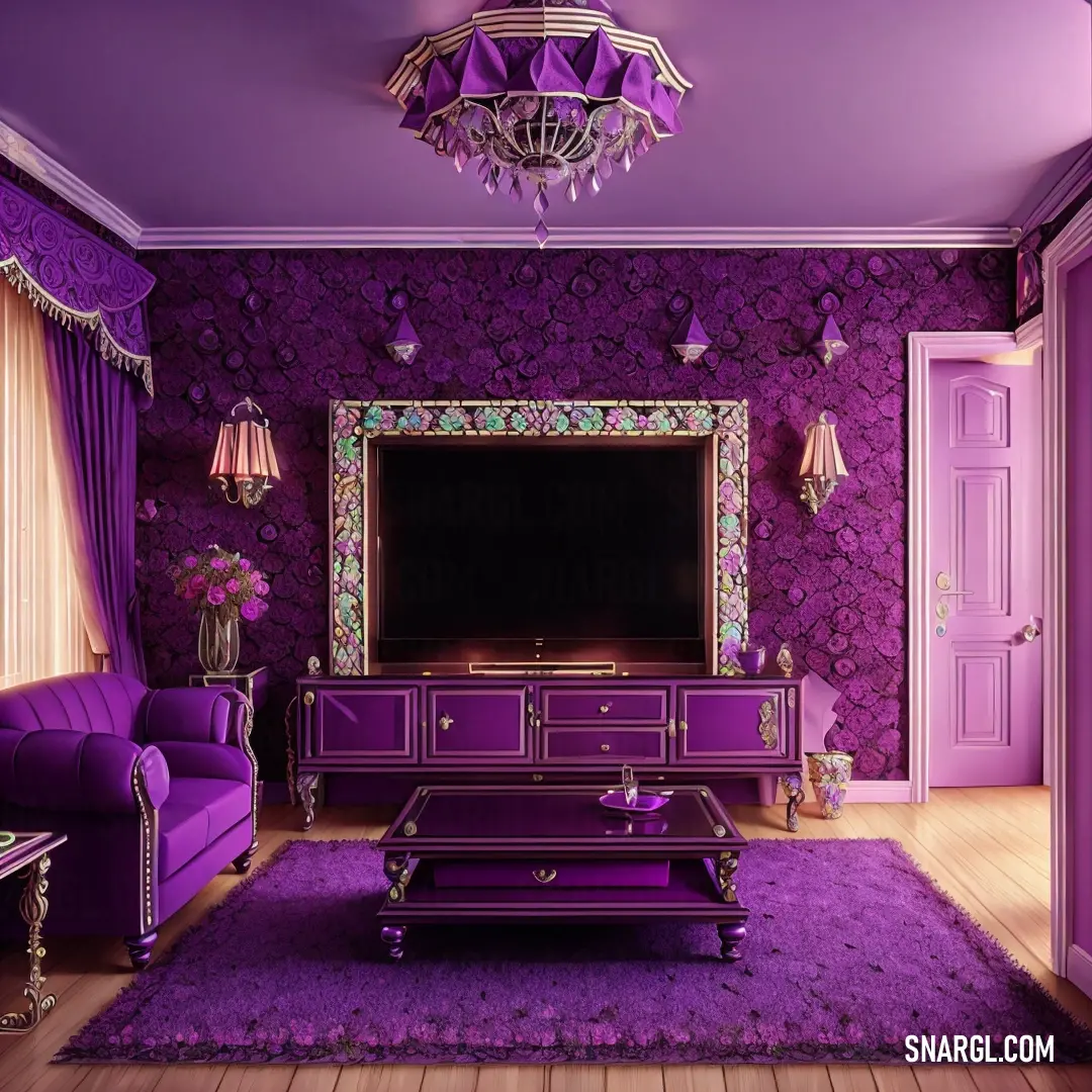 Living room with purple furniture and a chandelier hanging from the ceiling and a purple rug on the floor. Example of Patriarch color.