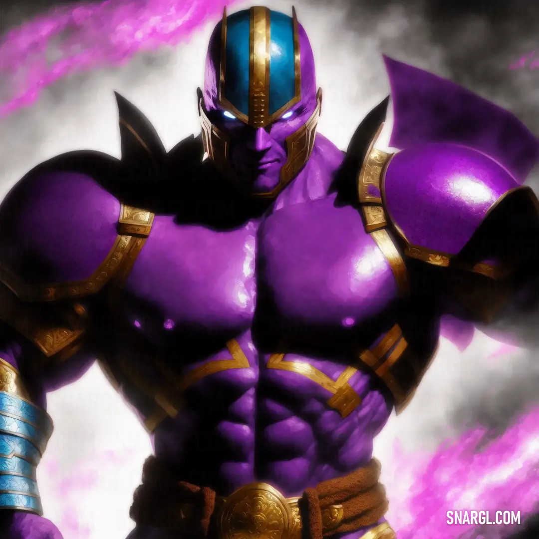 Man in a purple costume with a purple and gold helmet and a purple and blue outfit. Color RGB 128,0,128.