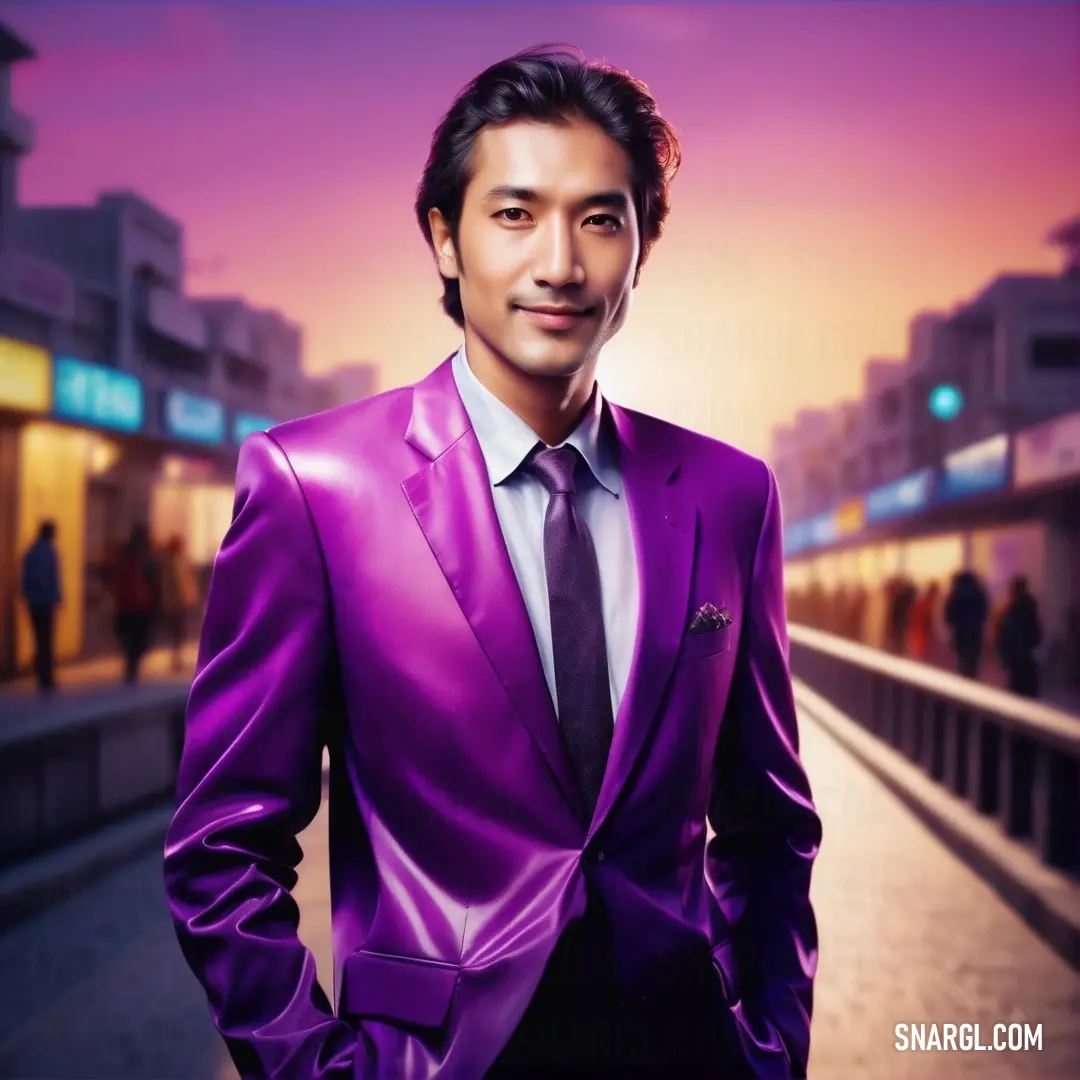 Man in a purple suit standing in a train station at sunset or dawn with his hands in his pockets. Color Patriarch.
