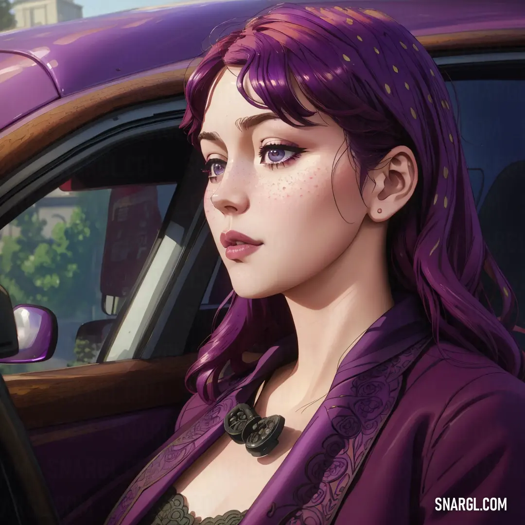Woman with purple hair in a car with a purple jacket on. Example of CMYK 0,100,0,50 color.
