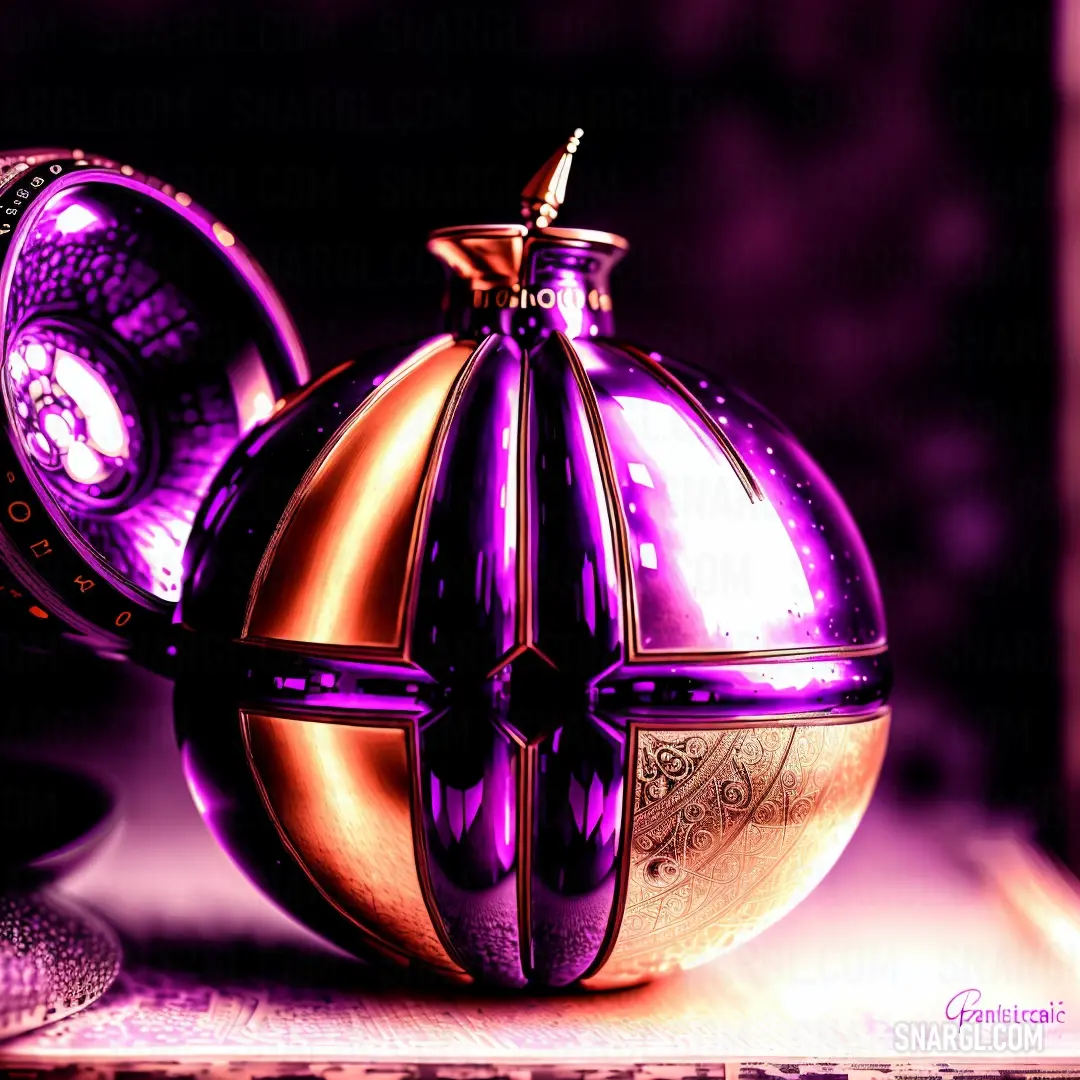 Purple and gold object on a table next to a clock and a purple background. Color RGB 128,0,128.