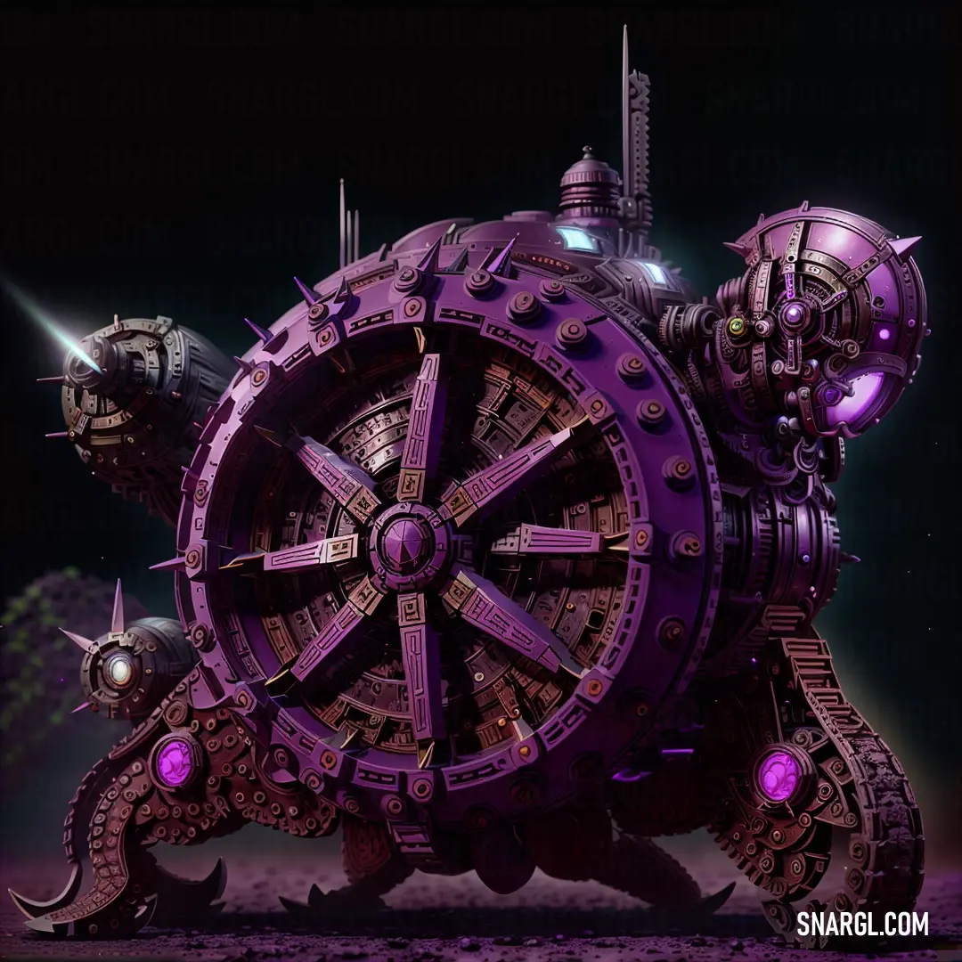 Patriarch color example: Purple mechanical elephant with a purple light on its back and a black background