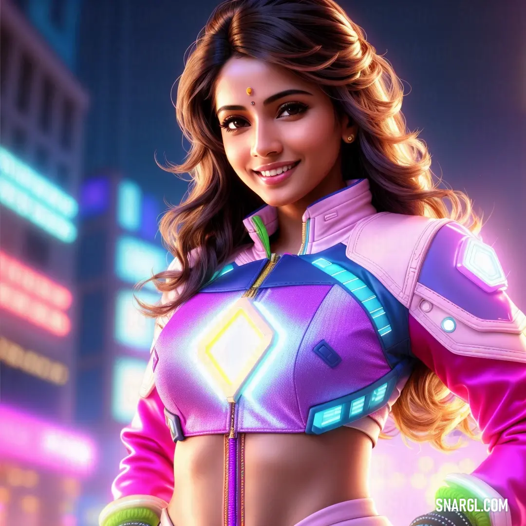 Woman in a futuristic outfit standing in the city at night with neon lights on her chest and arms