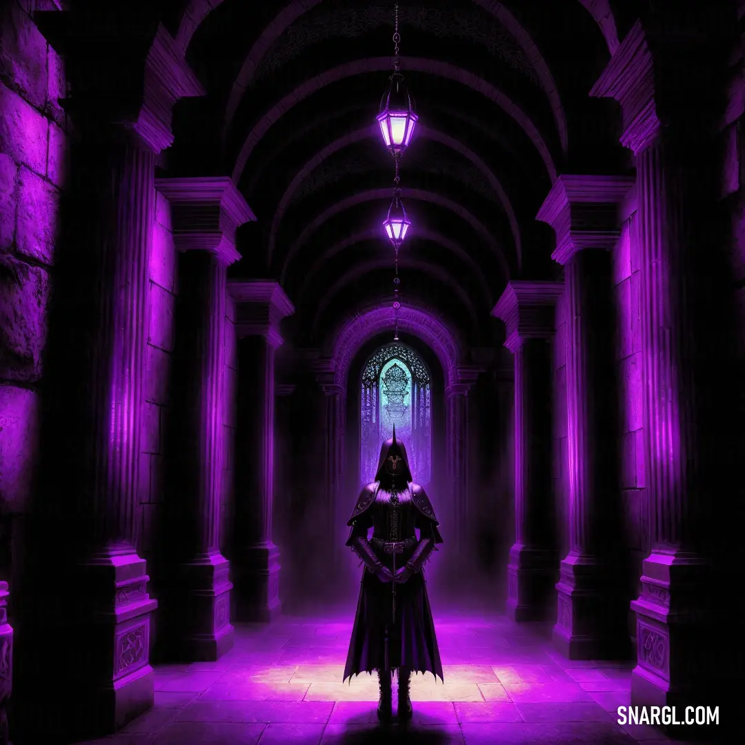 Woman in a purple dress standing in a dark hallway with columns and a light on the ceiling. Color #800080.