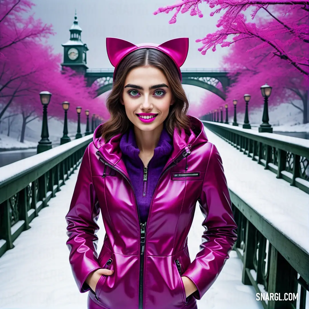 Woman in a purple jacket and cat ears is standing in the snow with her hands on her hips. Color RGB 128,0,128.