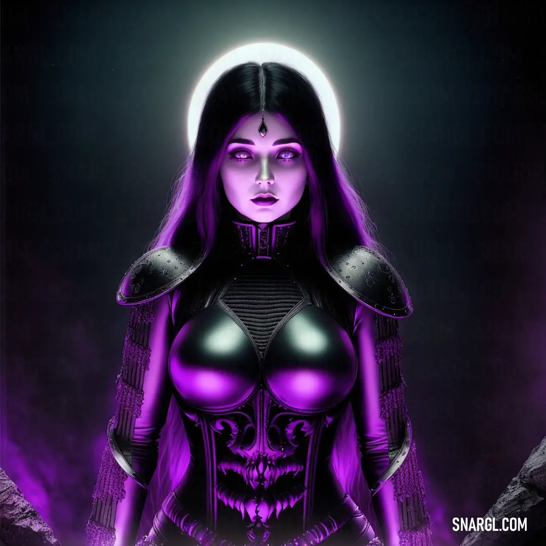 Woman with purple hair and a black outfit with a skull on her chest. Example of CMYK 0,100,0,50 color.