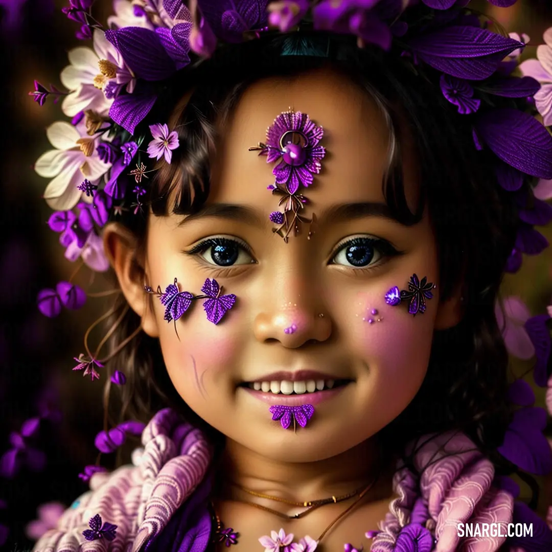 Young girl with purple flowers on her head and eyes