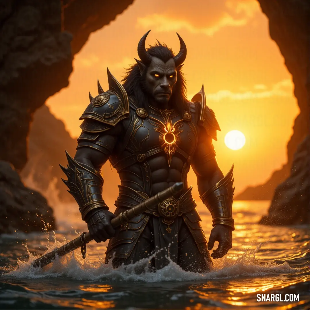 Paul, sword raised in the water, his chest marked by a demon face, standing resolute against an impending threat. A figure named Paul stands in the water, his eyes fierce as he holds a sword aloft. A strange demon face is emblazoned across his chest, and the water around him churns, as if reacting to his powerful presence and the storm that brews.