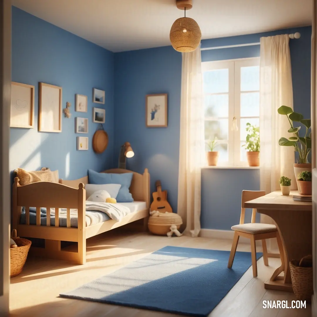 Bedroom with a blue wall and a wooden bed and desk with a chair and a rug on the floor. Color #536878.