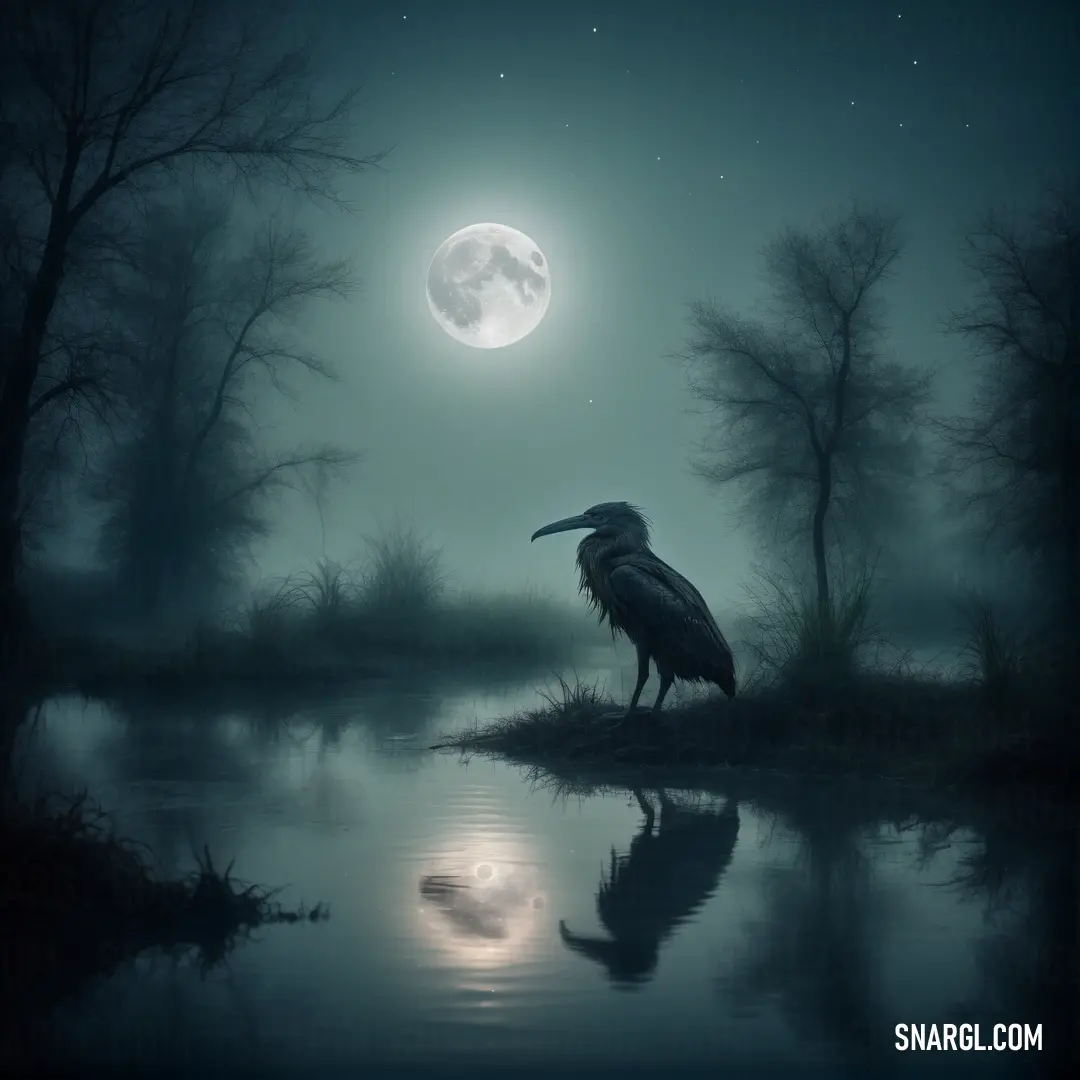 Bird is standing on a small island in the water at night with the moon in the background. Example of Payne grey color.