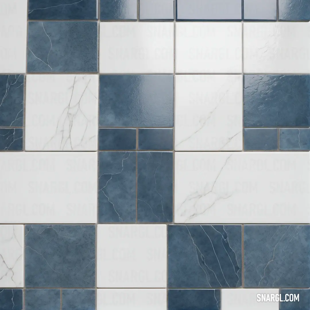 Blue and white tile wall with a white and gray pattern on it's side and a black. Example of RGB 83,104,120 color.