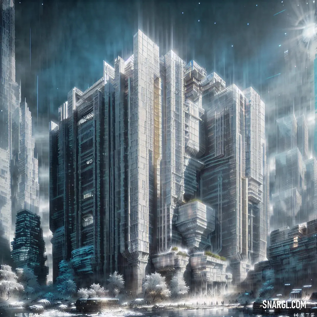 Futuristic city with tall buildings and a lot of trees in the foreground and a blue sky with stars
