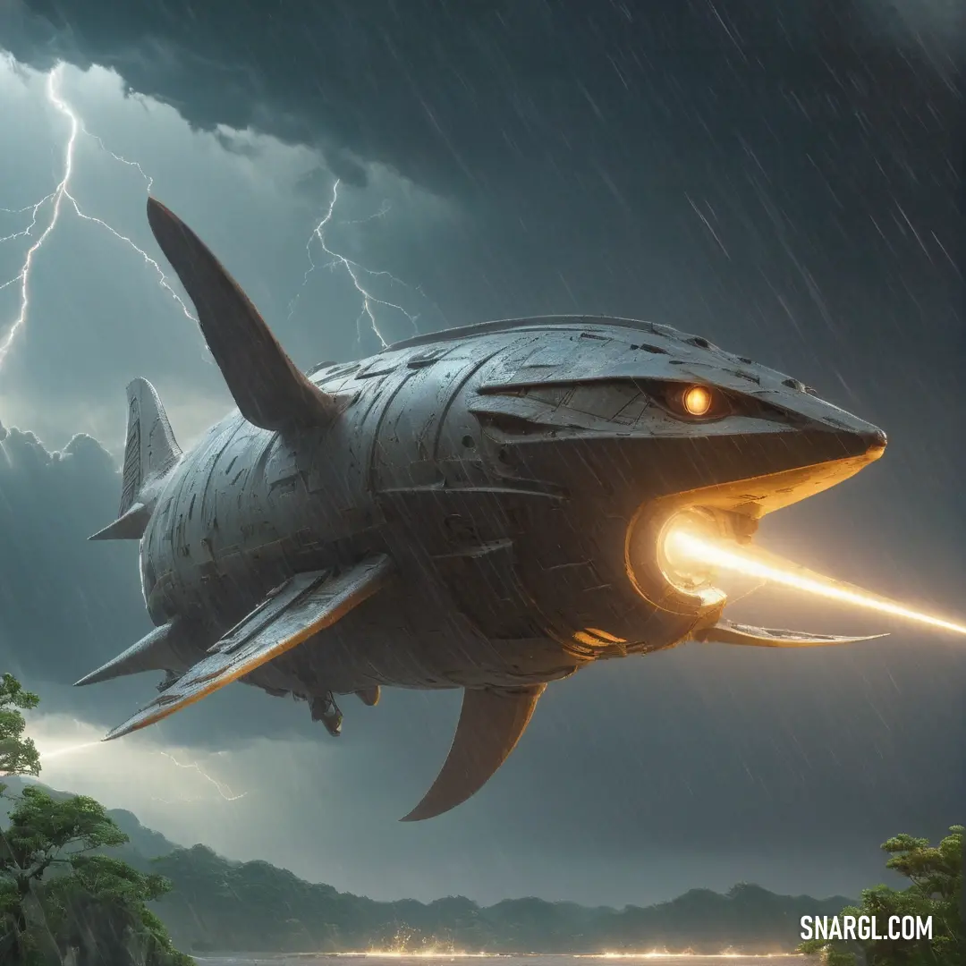 Large shark with a light saber in its mouth is in the air above a body of water with a lightning bolt. Example of CMYK 31,13,0,53 color.