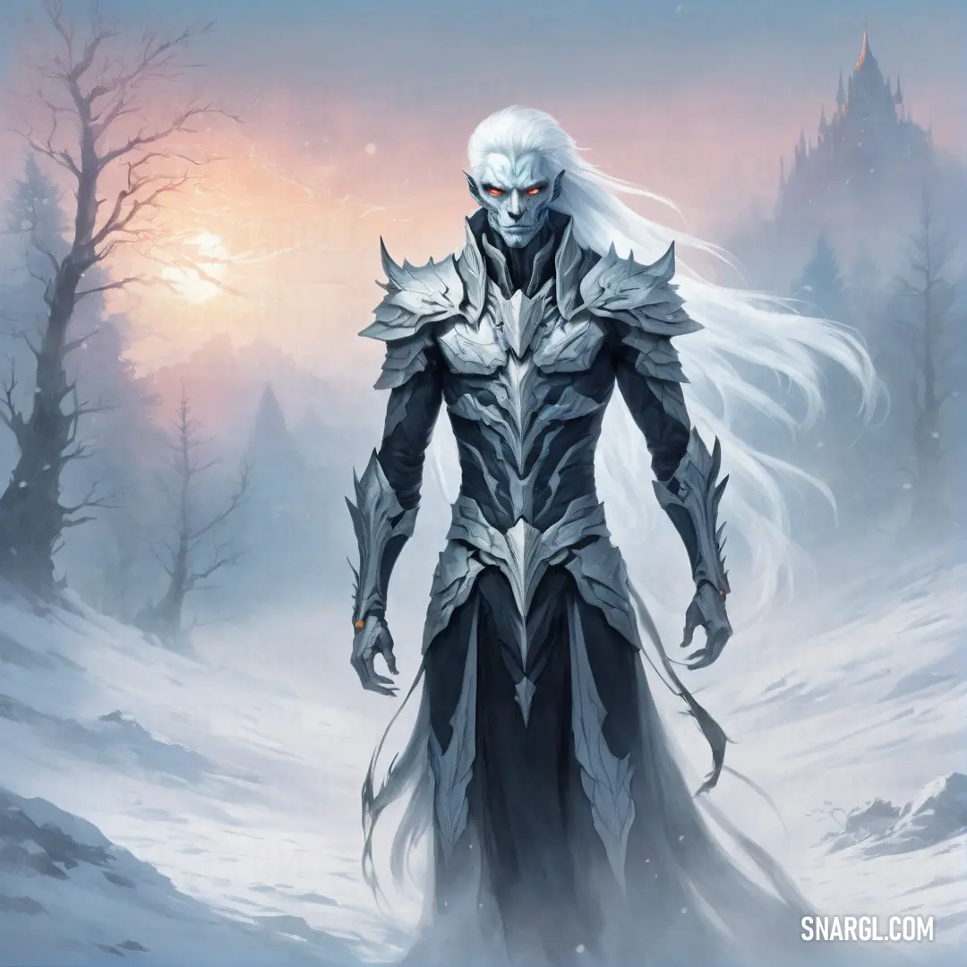 Man in a white outfit standing in the snow with a sword in his hand. Color Payne grey.