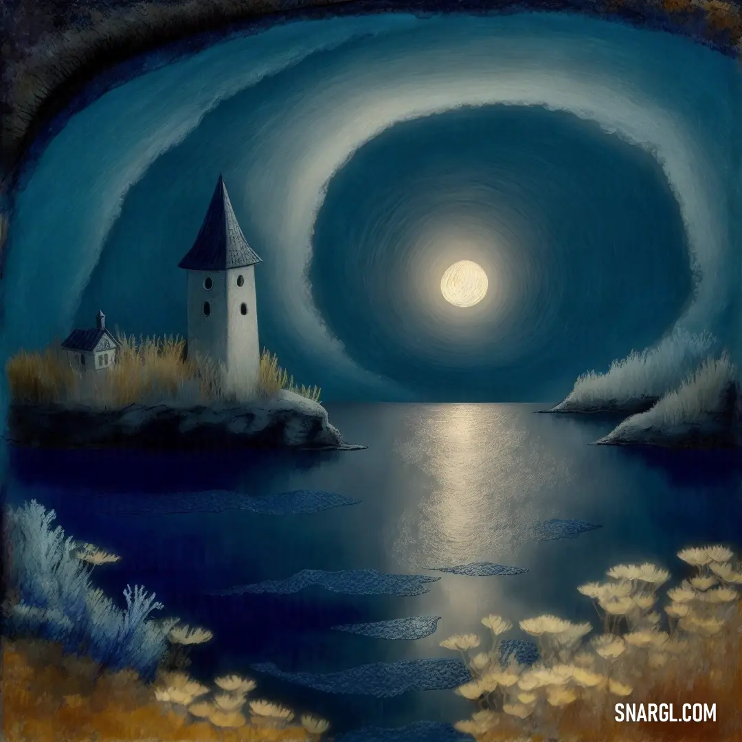 Painting of a lighthouse on a lake with a full moon in the background