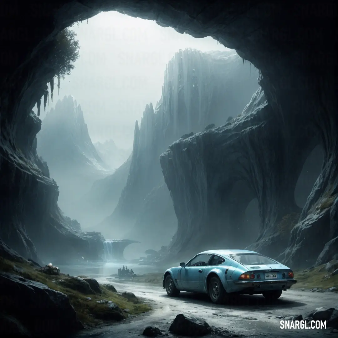 Payne grey color example: Car driving through a tunnel in a mountain landscape with fog and rocks on the ground