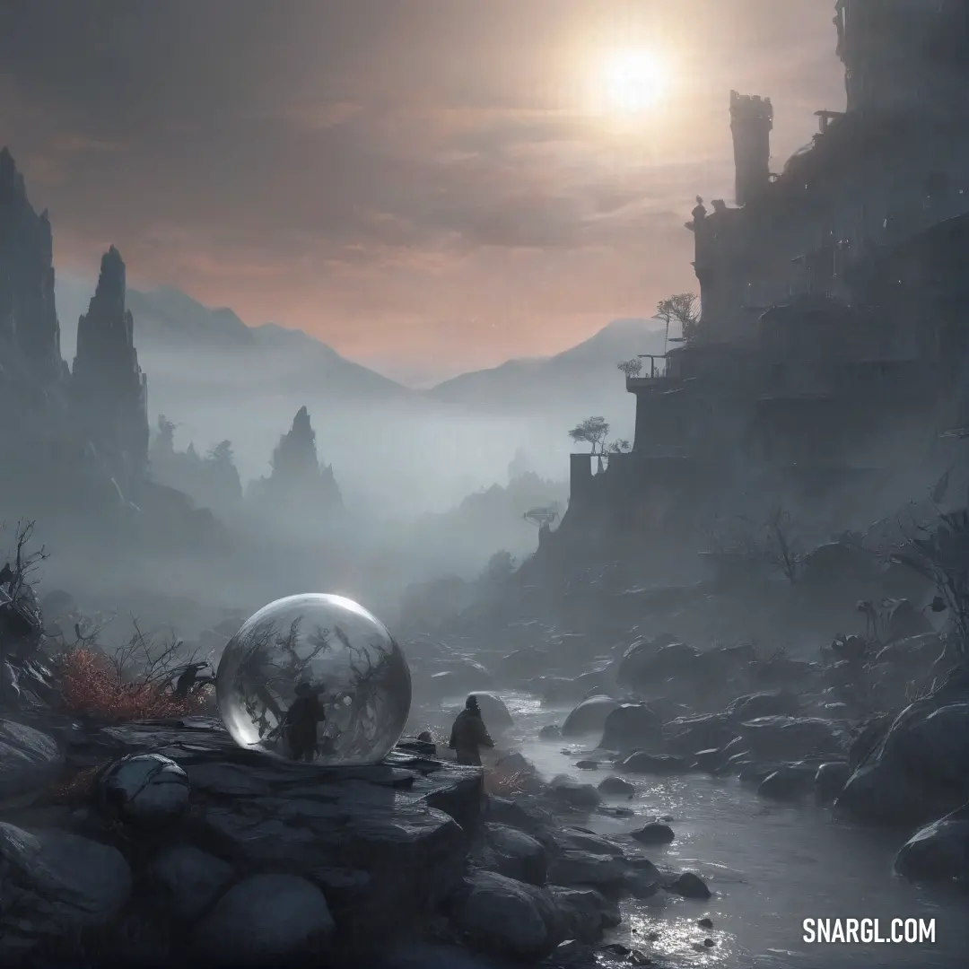 Payne grey color example: Fantasy scene with a crystal ball in the middle of a river and a castle in the background