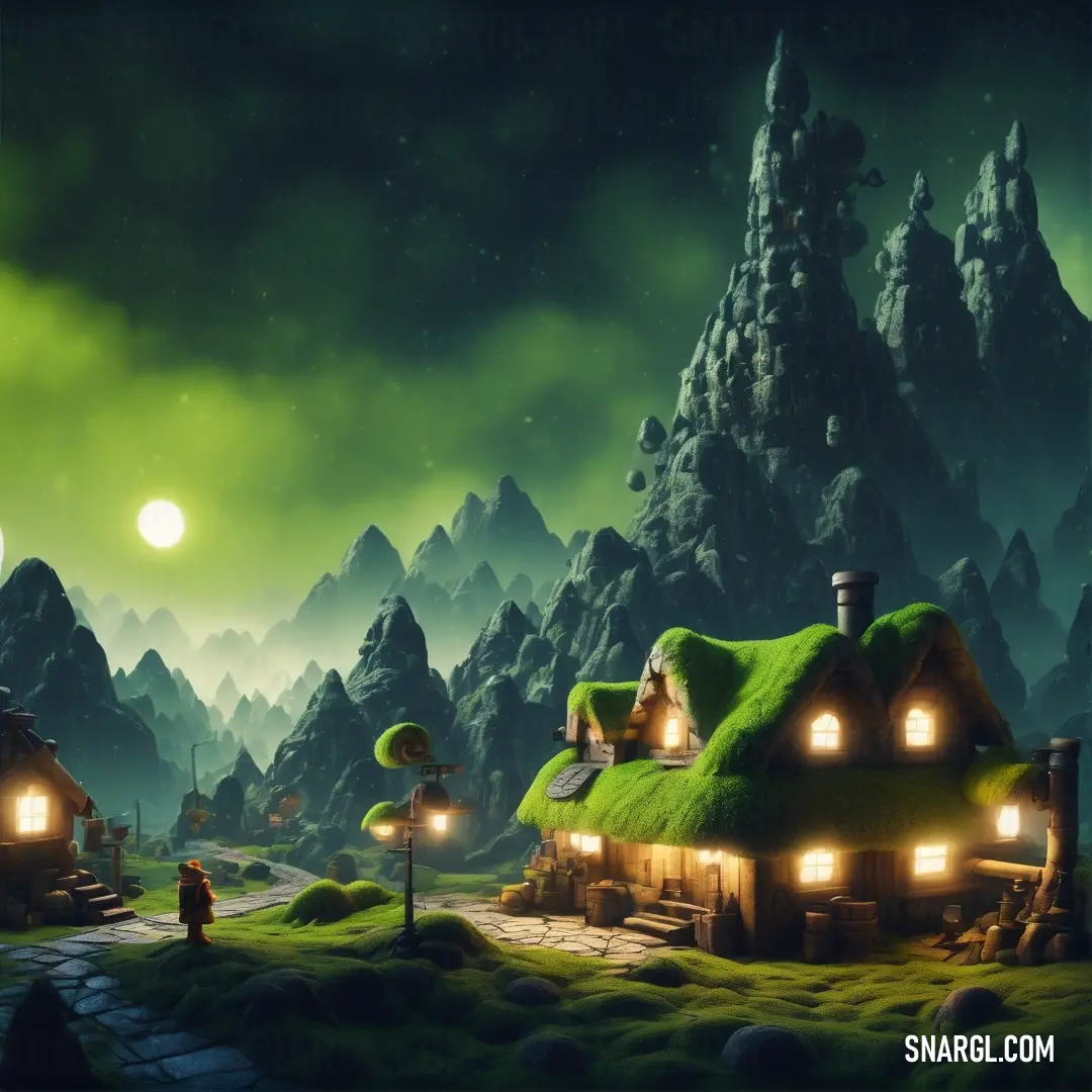 Green village with a green roof and a green sky with a full moon in the background. Example of CMYK 31,13,0,53 color.