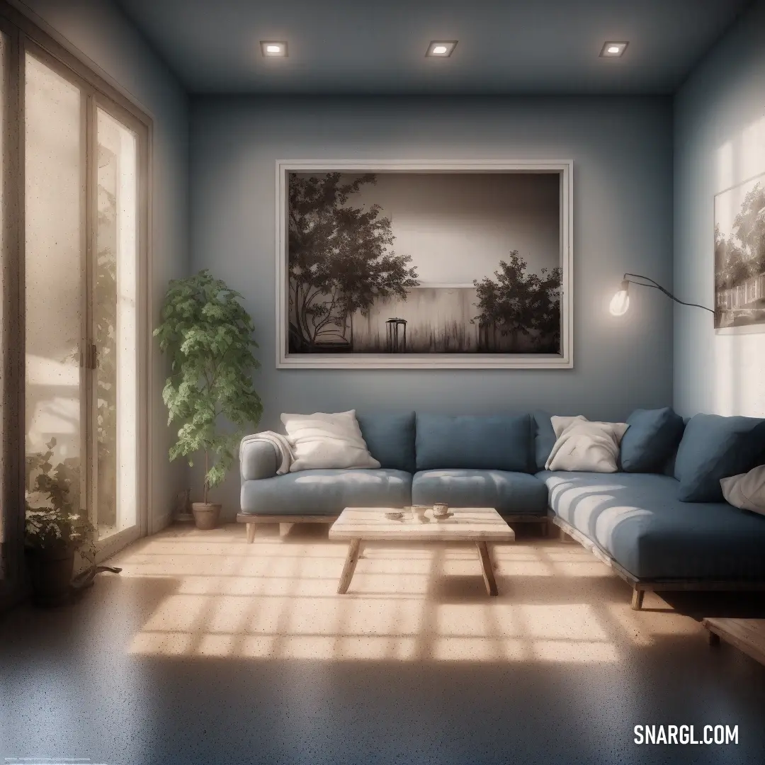 Living room with a blue couch and a painting on the wall above it and a coffee table in front of it. Example of CMYK 31,13,0,53 color.