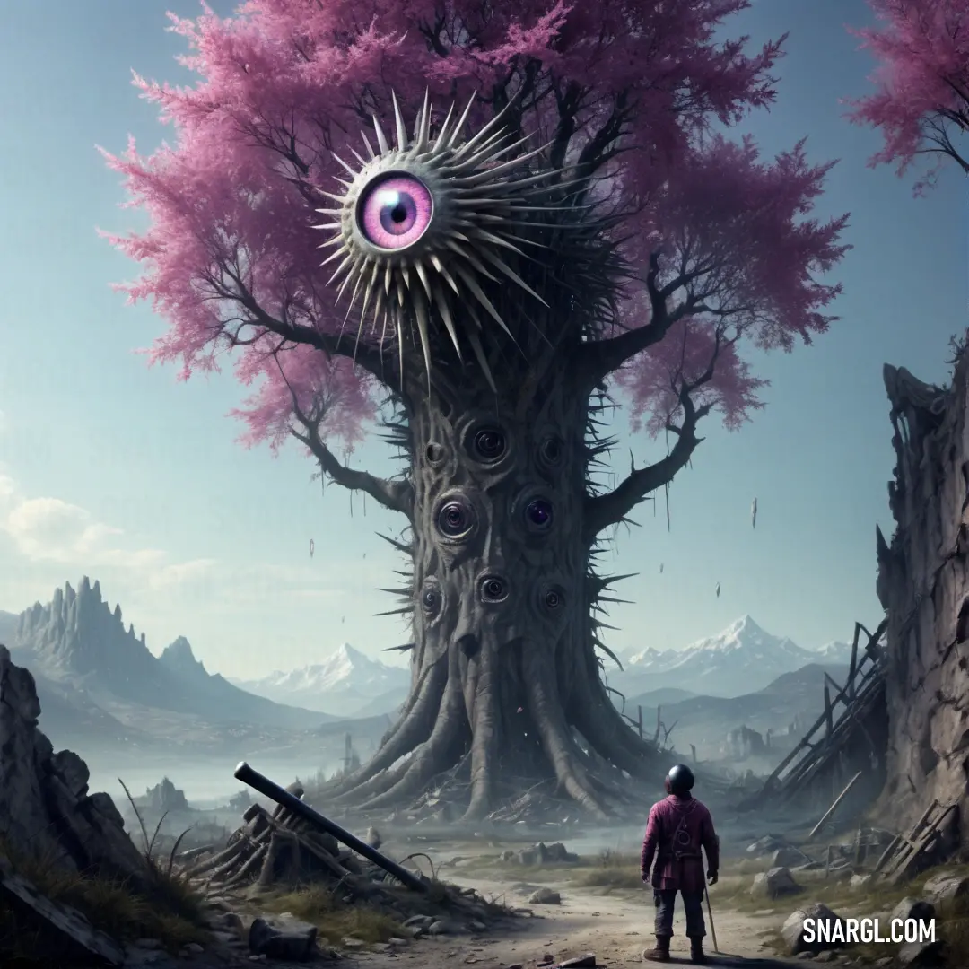 Man standing in front of a tree with a strange eye on it's head. Color #536878.