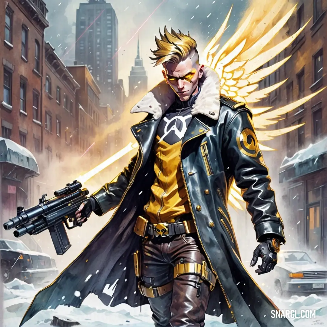 Man with a gun and a coat on in the snow with a gun in his hand and a building in the background. Example of CMYK 31,13,0,53 color.