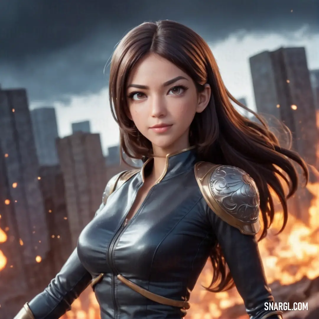 Woman in a black leather outfit standing in front of a city fire and flames background. Example of Payne grey color.